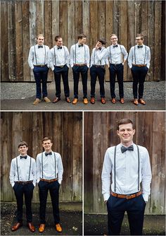 four different pictures of a man in white shirt and black pants wearing suspenders with bow ties