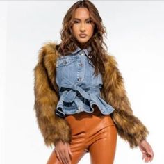 Cute Faux Fur Sleeve, Ruffled Waist W/ Belt Button Up Denim Jacket Brown Button-up Denim Jacket For Fall, Denim Outerwear With Faux Fur Trim, Fall Denim Outerwear In Brown, Fall Brown Denim Outerwear, Brown Faux Fur Outerwear For Spring, Trendy Spring Denim Jacket With Faux Fur Lining, Trendy Denim Outerwear With Faux Fur Trim, Brown Denim Outerwear For Fall, Spring Brown Faux Fur Outerwear