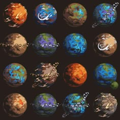 nine planets with different colors and sizes on them, including one planet in the center