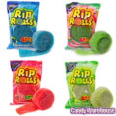 four different flavors of gummy rolls