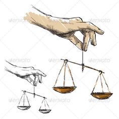 a hand holding a balance scale with one hand and another hand reaching for the other