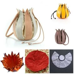 four different types of handbags and purses, including one with an orange flower on it