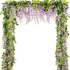 purple flowers and green leaves decorate an arch