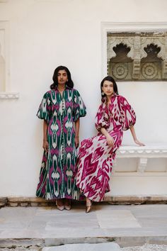 De Castro showcases a seamless and unique blend of traditional Indian craftsmanship, contemporary design, and the founder’s Colombian heritage. Every piece is handmade by artisans, using time-honored techniques and the finest cotton and silk fibers, resulting in exceptional quality, sustainability, and style. Crafted in sumptuous, handwoven silk ikat, the Green Jodhpur Dress is cut with a fitted body, and boasts a collared neckline as well as delightful, ballon sleeves. Product Details 100% silk Festive Silk Ikat Print Dress, Traditional Silk Kurta With Ikat Print, Festive Ikat Print Dress, Transitional Season Silk Straight Kurta Dress, Traditional Multicolor Cotton Silk Dress, Traditional Cotton Silk Maxi Dress, Traditional Ikat Print Festive Dress, Traditional Summer Dresses In Cotton Silk, Traditional Cotton Silk Dresses For Summer