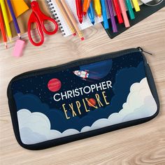 Personalized Explore Space Pencil Case - Sunny Jar Personalized™ Black Rectangular Case Stationery For School, Black School Cases With Pen Slots, Black Rectangular Pencil Case With Pen Holders, Black Rectangular Pencil Case With Zipper, Black Pencil Case For School, Black Rectangular Zipper Pencil Case, Black Zipper Pencil Case For Personal Use, Black Portable Pencil-shaped Pencil Case, Black Rectangular Stationery Case With Pen Holders