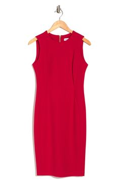 An exposed back zipper adds an extra hint of modern allure to this curve-skimming sheath dress. Approx. 39" length (size 4) Jewel neck Sleeveless Exposed back zip closure 94% polyester, 6% spandex Dry clean Imported Model stats: 5'10", 32" bust, 25" waist, 36" hip. Model is wearing size S. Sleeveless Sheath Dress, Jewel Neck, Sheath Dress, Nordstrom Rack, Calvin Klein, Dresses For Work, Size 4, Dry Clean, Nordstrom