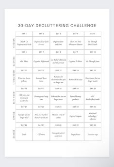 the 30 day decluttering challenge is shown in this white printable poster