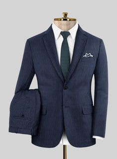 Sprinkle the stylish elegance with our Napolean Koro Wool Suit, which embraces the boldness of sartorial ambitions. Appoint a classy sophistication with our suit, crafted from a wool blend fabric that outlines a smooth, feathery texture with delicate accents and a stripes pattern over a blue tint that highlights vibrant character. Balance an exquisite taste with a sublimely tailored blue suit that captures a sense of luxury while ensuring ideal relaxation to pursue exhilarating occasions and cru Tailored Wool Suit For Office, Fitted Wool Double Breasted Business Suit, Fitted Double Breasted Wool Business Suit, Luxury Suits With Welt Pockets For Office, Semi-formal Fitted Wool Sets, Fitted Wool Sets For Semi-formal Occasions, Wool Suit With Suit Collar For Office, Wool Suits With Suit Collar For Office, Wool Suits With Notch Lapel