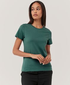 Women’s Softspun Crew Neck Tee made with Organic Cotton | Pact Classic Fitted Crew Neck T-shirt, Everyday Fitted Basic T-shirt, Basic Everyday Fitted T-shirt, Everyday Green Crew Neck Short Sleeve Top, Green Crew Neck Short Sleeve Top For Everyday, Green Crew Neck Short Sleeve Top, Sporty Fitted Everyday T-shirt, Casual Fitted Top Shirt With Crew Neck, Casual Fitted Crew Neck Shirt