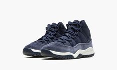 The Air Jordan 11 Velvet PS “Midnight Navy" is the preschool sizing of the colorway of the iconic basketball shoe with a luxury-inspired look.  The “Midnight Navy” Jordan 11 has a navy synthetic nubuck upper paired with a navy velvet mudguard.  A Metallic Silver Jumpman appears on the collar and “23” branding is found on the heel.  Classic “Jordan” branding resides on the middle of the tongue.  Underfoot, a white foam midsole and blue outsole complete the look.  Release date: November 25, 2022 Bape Shoes, Air Shoes, Nike Air Shoes, Jordan 12, Jordans 12, Navy Velvet, Hype Shoes, Expressive Art, Navy Shoes