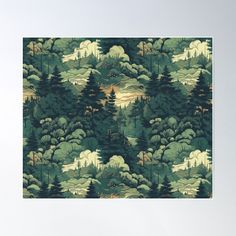 a forest scene with trees and mountains in the background, on a green wallpaper poster