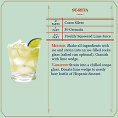 a cocktail with ice and lime on the side, labeled in an informational description