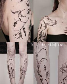 the woman is showing off her tattoos on her arm and leg, with flowers all over it