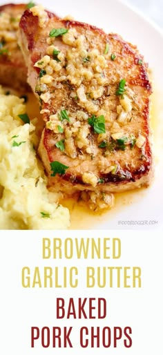 baked pork chops on a plate with mashed potatoes and garnishes