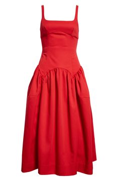 Sandy Liang Cricket Cutout Pleated Midi Dress | Nordstrom Whimsical Red Dress, Sandy Liang Dress, Red Cotton Dress, Ginger Dress, Sleeveless Summer Dress, Red Summer Dresses, Red Sleeveless Dress, Shirred Dress, Sandy Liang