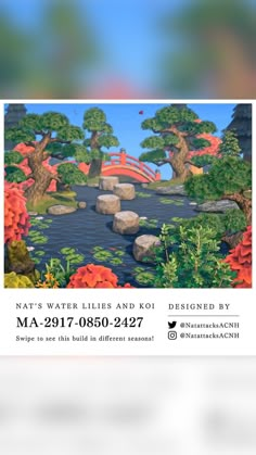 an advertisement for a japanese garden with trees and rocks in the water, surrounded by red flowers