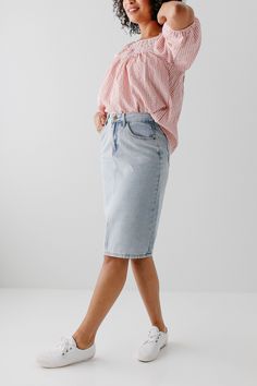 The 'Kyra' is another one of our very own exclusive denim skirts. Designed with everyday wear in mind, this skirt will pair well with just about any casual top in your wardrobe! This denim skirt is 100% cotton and does not have stretch, giving it a vintage vibe we love! Every woman needs a classic, straight denim skirt in her closet and this skirt is an excellent choice! Available in light or vintage wash. 100% Cotton Machine Wash Cold Gentle Cycle Do Not Bleach Hang to Dry Do Not Dry Clean Mode Spring Relaxed Denim Skirt, Relaxed Fit Cotton Midi Denim Skirt, Casual Medium Wash Denim Midi Skirt, Spring Relaxed Straight Leg Skirt, Spring Workwear Denim Skirt, Straight Leg, Spring High Rise Workwear Skirt, Spring Knee-length Lined Denim Skirt, Spring Medium Wash Denim Midi Skirt, Spring Relaxed Fit Denim Skirt