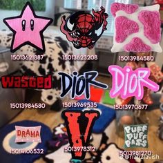 various stickers and decals on the back of a couch in a living room