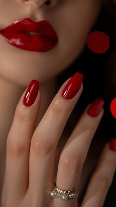 Red Nails And Red Lips, Red Lips And Nails, Red Nails Red Lips, Bold Red Nails, Fiery Red Nails, Fire Red Nails, Red Nails Classy, Red Nail Aesthetic, Nails Aesthetic Wallpaper