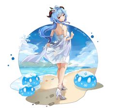 an anime character with blue hair and white dress standing on the beach next to bubbles