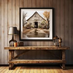 a wooden bench sitting in front of a wall with a painting hanging on it's side