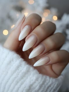 Shine White Nails, White Ombré Christmas Nails, Wedding Christmas Nails, Nude To White Ombre Nails Almond, Classy Snowflake Nails, Engagement Christmas Nails, Wedding Nails For Bride Winter, Winter Bride Nails, White Ombre Christmas Nails