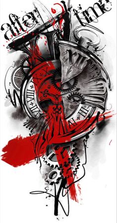 a drawing of a clock with red paint on it