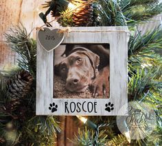 a dog ornament hanging on a christmas tree with pine cones in the background