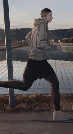 a painting of a man running in front of a lake