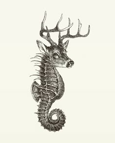 a black and white drawing of a seahorse with antlers on it's head