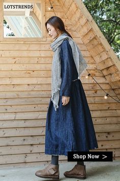 Elegant Women Cotton Linen Blue Maxi Dresses For Fall Blue Knee-length Dress For Fall, Blue Knee-length Fall Dress, Blue Long Sleeve Maxi Dress For Fall, Blue Long Sleeve Midi Dress For Spring, Blue Knee-length Long Sleeve Summer Dress, Blue Cotton Shift Midi Dress, Casual Indigo Dress For Fall, Indigo Knee-length Dress For Fall, Blue Long Sleeve Casual Midi Dress