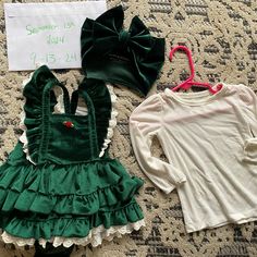 Worn Once For Christmas Last Year! Size 6-12 Mo. I Also Have A Women’s M Green Velvet Dress That Matched It Great. Green Velvet Dress, Christmas Dress, Dress Romper, Green Velvet, Velvet Dress, Matching Sets, White Shirt, Colorful Shirts, Rompers