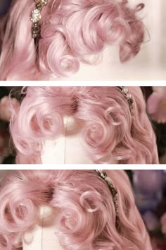 Elegant Lolita Roman Curly Wig.  This wig features a Roman curls design, with each curl meticulously crafted from individual strands of hair, varying in length to create a more layered and natural look. The side-parted curly bangs further enhance and flatter the face shape.  The price includes one wig only. Victory Roll Wig, Princess Penelope Wig, How To Curl Synthetic Wigs, Red Peach Hair, Elegant Wigs, Rose Gold Wig, Long Curly Bangs, Bangs For Curly Hair, Pink Hair Styles