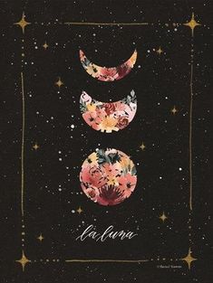 three phases of the moon with flowers and stars in the night sky above them, on a black background