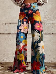 Women's Colorful Flower Geometric Pattern Print Casual Wide Leg Pants Vintage Floral Print Pants For Fall, Spring Floral Print Wide Leg Bottoms, Retro Wide Leg Bottoms With Floral Print, Multicolor Denim Pants With Pockets, Retro Wide Leg Floral Bottoms, Bohemian Wide Leg Summer Jeans, Retro Printed Bottoms For Spring, Multicolor High Waist Jeans For Fall, Casual High Waist Multicolor Jeans