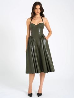 Introducing the Eliana dress, a stunning olive green midi full dress crafted from luxurious vegan leather. This dress features an adjustable halter neckline and padded cups for a perfect fit and added comfort. The built-in corset provides structured support, while the drop waist design enhances your silhouette. Finished with an invisible zipper for a seamless look, this dress effortlessly combines modern style with timeless elegance, making it a standout piece in any wardrobe. Elaina Olive Vegan Leather Midi Dress, Full Dress, Dress Crafts, Fashion Lady, Leather Dress, Halter Neckline, Drop Waist, Corset Dress, Dress Romper