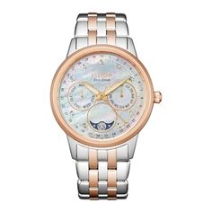 For a touch of modern elegance paired with advanced complications, Citizen’s Calendrier women’s watch fits the bill. It has a rose-gold-tone stainless steel bracelet and rose-gold-tone 37mm case, with a white mother of pearl three-hand dial set with diamonds. It uses Eco-Drive technology, so it is powered by light — any light — and in addition to showing the month, day and date, it also keeps track of the phases of the moon. Eco Drive Watches, Citizen Watch, Citizen Eco, Eco Drive, Women's Watch, Minerals Crystals, Steel Bracelet, Chronograph Watch, Stainless Steel Bracelet