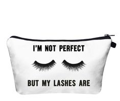 "❤ Our top selling oversized lash printed cosmetic bag is I'M NOT PERFECT BUT MY LASHES ARE. It's a great gift idea to share with good friends and family. ❤ This cosmetic bag is a great travel pouch to keep personal items such as kindle case, iPad case, cell phones, eyeshadow palettes, lipsticks, lash case, contacts lense cases.  ❤ Black coil top zipper closure ❤ Makeup Bag measures approximately 8.6\" x 7.10\" x 5.31\" and is a high quality. Classic black of 1\" finger loop.   ❤ Black inside li Funny Eyes, Bags Organizer, Big Lashes, Make Up Case, I'm Not Perfect, Makeup Holder, Cute Purse, Eyelash Brush, Kindle Case