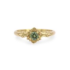 Gold & Stone Ring - This gorgeous ring is hand-carved in wax then cast in upcycled 14k gold; a 4mm Montana green sapphire brings magic and sparkle. Available in half sizes 59. Pearl And Gold Engagement Ring, Unique Crystal Rings, Colorful Gemstone Engagement Rings, Vintage Dainty Wedding Rings, Daily Gold Rings, Simple Engagement Rings No Stone, Vintage Engagement And Wedding Ring Set, Cute Unique Jewelry, Vintage Gold Opal Ring