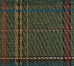 a green plaid fabric with red and blue stripes