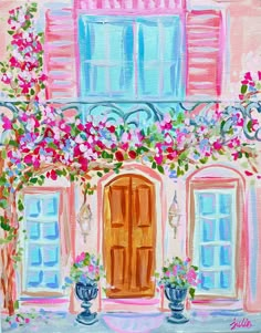 a painting of a house with flowers on the front door