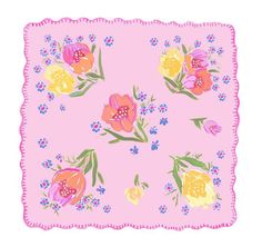 a pink square scarf with flowers on it