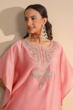 Pink kaftan with dori and coloured thread embroidery in floral motifs. Paired with an embroidered hem pant. - Aza Fashions Semi-stitched Kaftan For Designer Wear, Pink Kaftan, Embroidered Hem, How To Hem Pants, Thread Embroidery, Floral Motifs, Embroidered Silk, Bat Wings, Aza Fashion