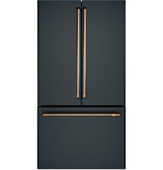 a black refrigerator freezer with two gold handles and an icebox in the door