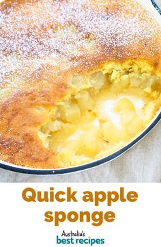 a close up of a pie in a pan with the words quick apple sponge