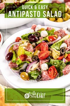 a salad with olives, tomatoes and other vegetables on it is featured in the recipe for quick & easy antipasto salad