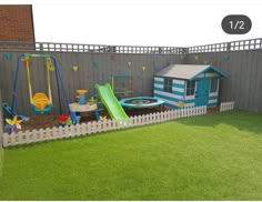 the backyard is filled with toys and children's play equipment