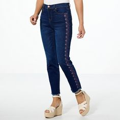 DG2 by Diane Gilman New Classic Stretch Denim Embroidered Ankle Jean  We are obsessed with these gorgeous embroidered-trim ankle jeans. The work of art features a classic straight-leg silhouette with 5-pocket jean style, and colorful embroidered trim along the outseam and back pockets. It's a must-have piece for your everyday wardrobe. Casual Mid-rise Jeans With Floral Embroidery, Casual Dark Wash Embroidered Jeans, Casual Mid-rise Embroidered Pants, Casual Mid-rise Pants With Floral Embroidery, Casual Dark Wash Embroidered Bottoms, Casual Embroidered Dark Wash Bottoms, Spring Embroidered Dark Wash Jeans, Trendy Embroidered Mid-rise Jeans, Floral Embroidered Straight Leg Jeans