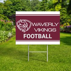 Personalized yard sign for Waverly Vikings sports team player. The sign features the team logo in the center, surrounded by a background in team colors. Faces Lighting, School Yard Signs, Name Activity, Morale Boosters, American Flag Art, Custom Yard Signs, Custom Business Signs, Team Activities, Frame Sign