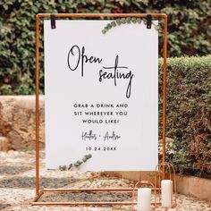 Open Seating Wedding Seating Sign Template Wedding Bench Seating, Open Seating Wedding, Black And White Elegant Wedding, Fall 2024 Wedding, Wedding Rental Ideas, Havana Wedding, Party Rental Ideas, Wedding Seating Sign, Wedding Seating Signs